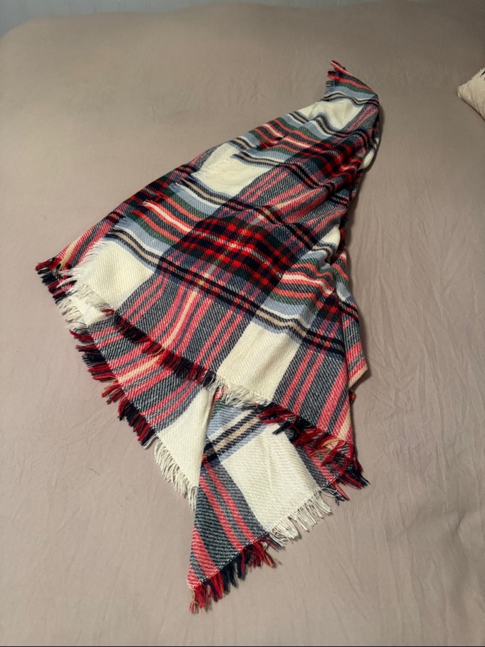 Plaid Fringe Blanket Scarf in Cream, Red & Navy